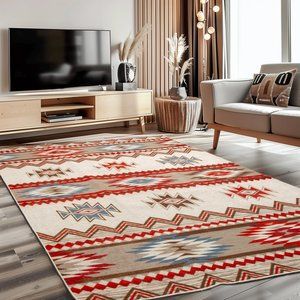 Non-Slip Washable Southwestern Tribal Boho Chic Living Room Rug - Low Pile